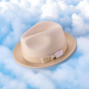 MONTIQUE MENS BEIGE BRAIDED TWO TONE STINGY BRIM PINCH FEDORA HAT. H68.